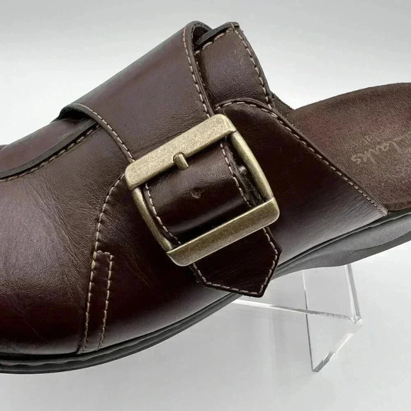 Clarks Bendables 9.5M Brown Leather Slip-On Clogs Womens Buckle Detail - Picture 5 of 11